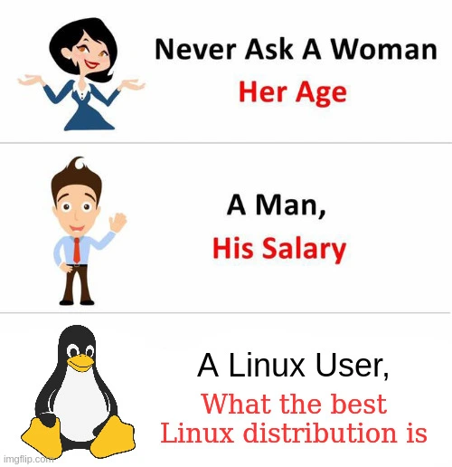 Never ask a woman her age, A man his salary, A Linux user what the best Linux distribution is.