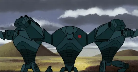 A scene from the 2003 animated Stat Wars Clone Wars series, showing Mace Windu using martial arts to defend against and destroy several B2 Super Battle Droids
