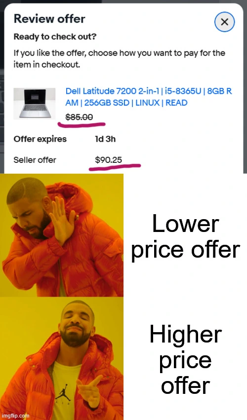 Pictured is an offer from ebay from the seller that is higher than the price listed for the item. Below that is a drake meme where he's shying away from the phrase "Lower price offer" and happy with the phrase "Higher price offer"