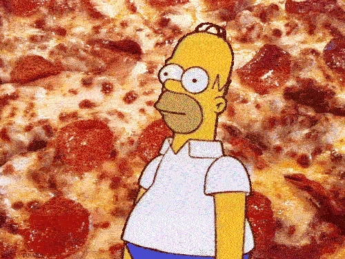 Homer Simpson meme gif of him backing into a hedge replaced with pizza