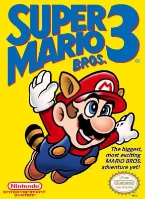 Box art of the 1998 Nintendo game "Super Mario Bros. 3," portraying Mario flying in raccoon mode which includes little raccoon ears on his flat cap.