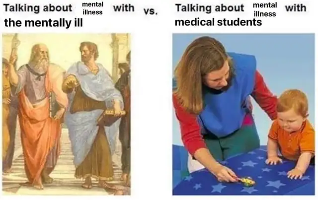 caption: talking about mental illness with the mentally ill versus talking about it with medical students. Image shows greek philosophers left hand side and a parent with a toddler on the right hand side.