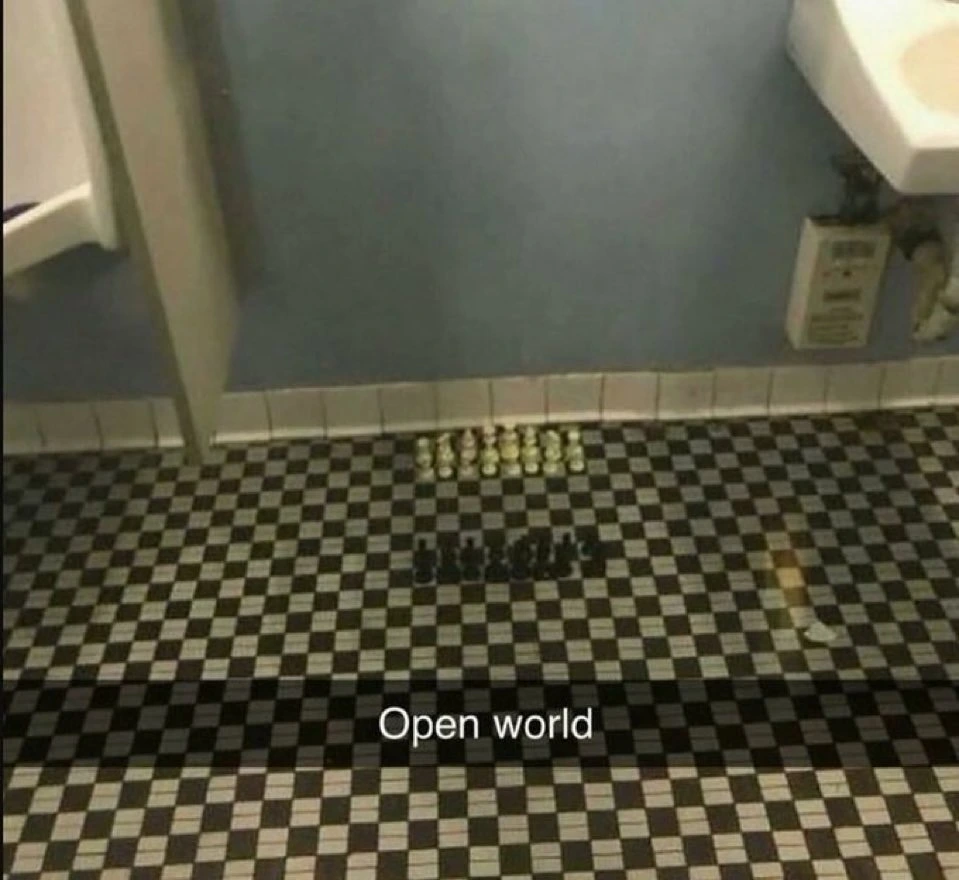 Chess pieces on a checkered floor of a public bathroom. Caption: "Open World."