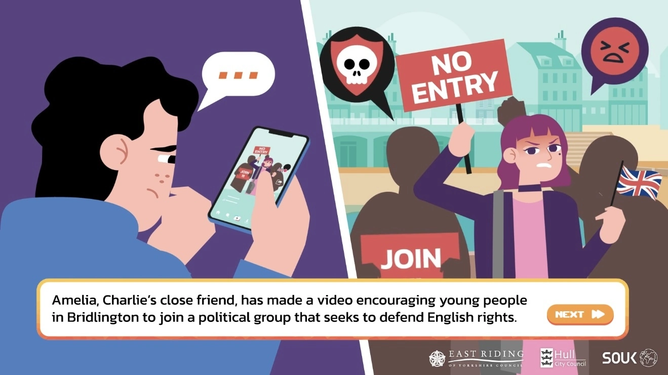 Amelia, Charlie's close friend, has made a video encouraging young people in Bridlington to join a political group that seeks to defend English rights.
